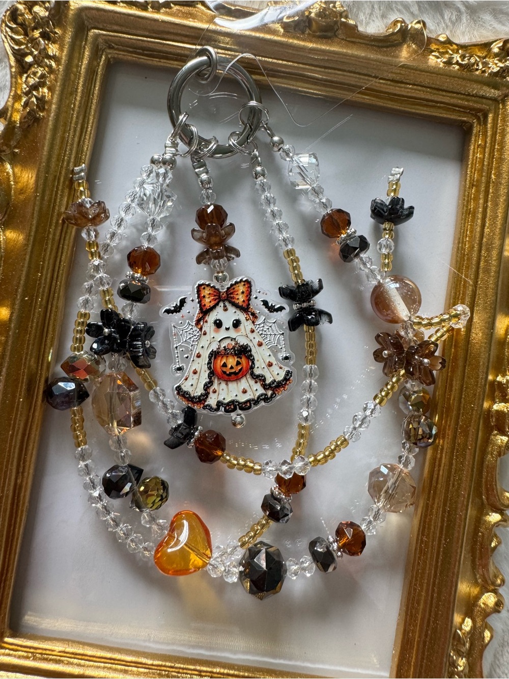 Halloween Ghost Beaded Phone Charm Orange, Black & Clear